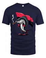 Funny Rebel Fish With Flag Graphic T Shirt Cool Cartoon Tee - navy t-shirt on white background