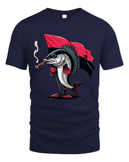 Funny Rebel Fish With Flag Graphic T Shirt Cool Cartoon Tee - navy t-shirt on white background