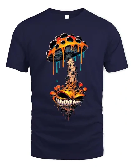 Trippy Melting Mushroom Monster T Shirt Psychedelic Art Tee - navy t-shirt on white background