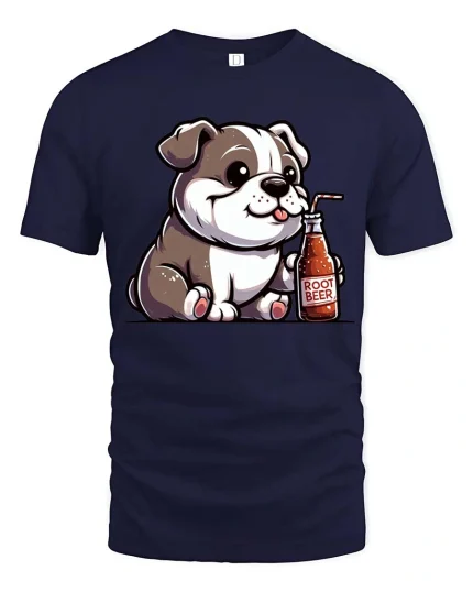 Cute Puppy Drinking Root Beer Graphic T Shirt Funny Dog Tee - navy t-shirt on white background