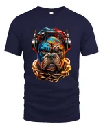 Street Vibe Bulldog DJ T Shirt with Neon Urban Style - navy t-shirt on white background