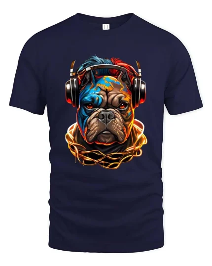 Street Vibe Bulldog DJ T Shirt with Neon Urban Style - navy t-shirt on white background