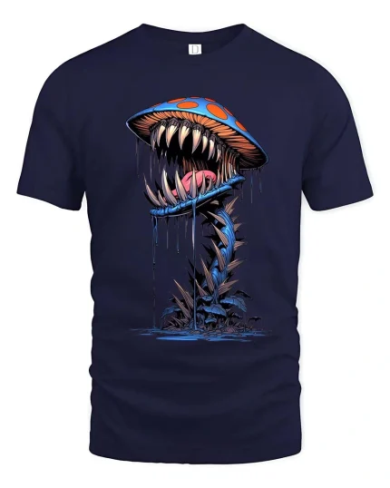 Trippy Monster Mushroom T Shirt Psychedelic Street Art Style - navy t-shirt on white background