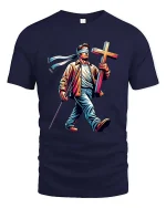 Blind Faith Walk Cross Graphic T Shirt Inspirational Tee - navy t-shirt on white background