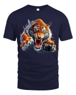 Fierce Roaring Tiger Graphic T Shirt Wild Animal Power Tee - navy t-shirt on white background
