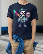 Funny Drip Skull Baseball T Shirt Street Art Graphic Tee - model wearing navy tee with hands in pockets