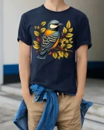 Colorful Bird On Branch Graphic T Shirt Nature Art Tee - model wearing navy tee with hands in pockets