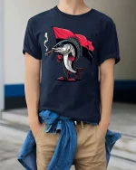 Funny Rebel Fish With Flag Graphic T Shirt Cool Cartoon Tee - model wearing navy tee with hands in pockets