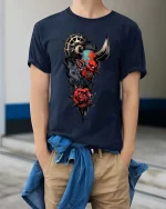 Cyberpunk Robotic Hand Rose Graphic T Shirt Tech Art Tee - model wearing navy tee with hands in pockets