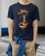 Trippy Melting Mushroom Monster T Shirt Psychedelic Art Tee - model wearing navy tee with hands in pockets