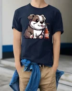 Cute Puppy Drinking Root Beer Graphic T Shirt Funny Dog Tee - model wearing navy tee with hands in pockets