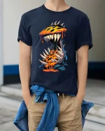 Spiky Monster Burst Graphic T Shirt Wild Creature Art Tee - model wearing navy tee with hands in pockets