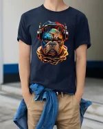 Street Vibe Bulldog DJ T Shirt with Neon Urban Style - model wearing navy tee with hands in pockets