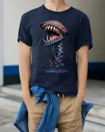 Trippy Monster Mushroom T Shirt Psychedelic Street Art Style - model wearing navy tee with hands in pockets