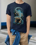 Blue Lizard Night Art T Shirt Mystical Reptile Graphic Tee - model wearing navy tee with hands in pockets
