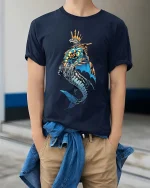 King Shark Crown T Shirt Bold Ocean Streetwear Style - model wearing navy tee with hands in pockets