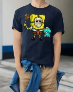 Funny Horror Cartoon Sponge Killer T Shirt Spooky Graphic Tee - model wearing navy tee with hands in pockets