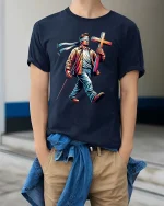Blind Faith Walk Cross Graphic T Shirt Inspirational Tee - model wearing navy tee with hands in pockets