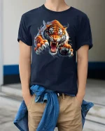 Fierce Roaring Tiger Graphic T Shirt Wild Animal Power Tee - model wearing navy tee with hands in pockets
