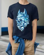 Ice Wolf Skull Graphic T Shirt Fierce Mythical Animal Tee - model wearing navy tee with hands in pockets