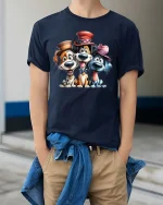 Funny Cute Dogs With Hats Graphic T Shirt Cartoon Puppy Tee - model wearing navy tee with hands in pockets