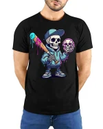 Funny Drip Skull Baseball T Shirt Street Art Graphic Tee - model wearing black tee with hands behind back