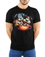 Funny Puppies In Coffee Cup Graphic T Shirt Cute Dog Tee - model wearing black tee with hands behind back