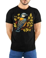 Colorful Bird On Branch Graphic T Shirt Nature Art Tee - model wearing black tee with hands behind back
