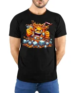 Funny Orange Juice Splash Cartoon T Shirt Cool Drink Tee - model wearing black tee with hands behind back