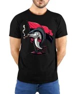 Funny Rebel Fish With Flag Graphic T Shirt Cool Cartoon Tee - model wearing black tee with hands behind back