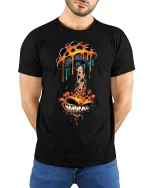 Trippy Melting Mushroom Monster T Shirt Psychedelic Art Tee - model wearing black tee with hands behind back