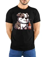 Cute Puppy Drinking Root Beer Graphic T Shirt Funny Dog Tee - model wearing black tee with hands behind back