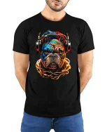 Street Vibe Bulldog DJ T Shirt with Neon Urban Style - model wearing black tee with hands behind back