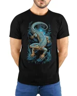 Blue Lizard Night Art T Shirt Mystical Reptile Graphic Tee - model wearing black tee with hands behind back
