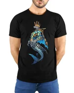 King Shark Crown T Shirt Bold Ocean Streetwear Style - model wearing black tee with hands behind back