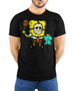 Funny Horror Cartoon Sponge Killer T Shirt Spooky Graphic Tee - model wearing black tee with hands behind back