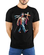 Blind Faith Walk Cross Graphic T Shirt Inspirational Tee - model wearing black tee with hands behind back