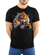 Fierce Roaring Tiger Graphic T Shirt Wild Animal Power Tee - model wearing black tee with hands behind back