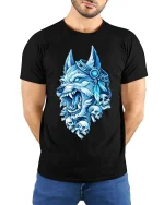 Ice Wolf Skull Graphic T Shirt Fierce Mythical Animal Tee - model wearing black tee with hands behind back