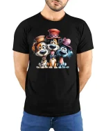 Funny Cute Dogs With Hats Graphic T Shirt Cartoon Puppy Tee - model wearing black tee with hands behind back