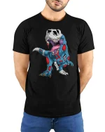 Zombie T Rex Skeleton Graphic T Shirt Funny Dino Horror Tee - model wearing black tee with hands behind back