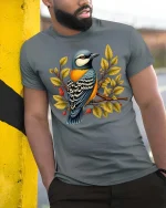 Colorful Bird On Branch Graphic T Shirt Nature Art Tee - model wearing grey tee, leaning on column