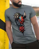 Cyberpunk Robotic Hand Rose Graphic T Shirt Tech Art Tee - model wearing grey tee, leaning on column