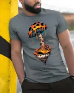 Trippy Melting Mushroom Monster T Shirt Psychedelic Art Tee - model wearing grey tee, leaning on column