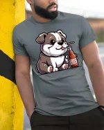 Cute Puppy Drinking Root Beer Graphic T Shirt Funny Dog Tee - model wearing grey tee, leaning on column