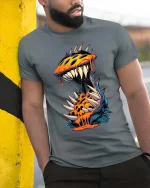 Spiky Monster Burst Graphic T Shirt Wild Creature Art Tee - model wearing grey tee, leaning on column