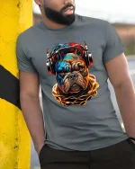 Street Vibe Bulldog DJ T Shirt with Neon Urban Style - model wearing grey tee, leaning on column