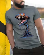 Trippy Monster Mushroom T Shirt Psychedelic Street Art Style - model wearing grey tee, leaning on column