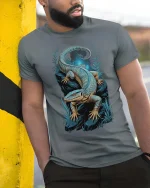 Blue Lizard Night Art T Shirt Mystical Reptile Graphic Tee - model wearing grey tee, leaning on column