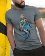 King Shark Crown T Shirt Bold Ocean Streetwear Style - model wearing grey tee, leaning on column